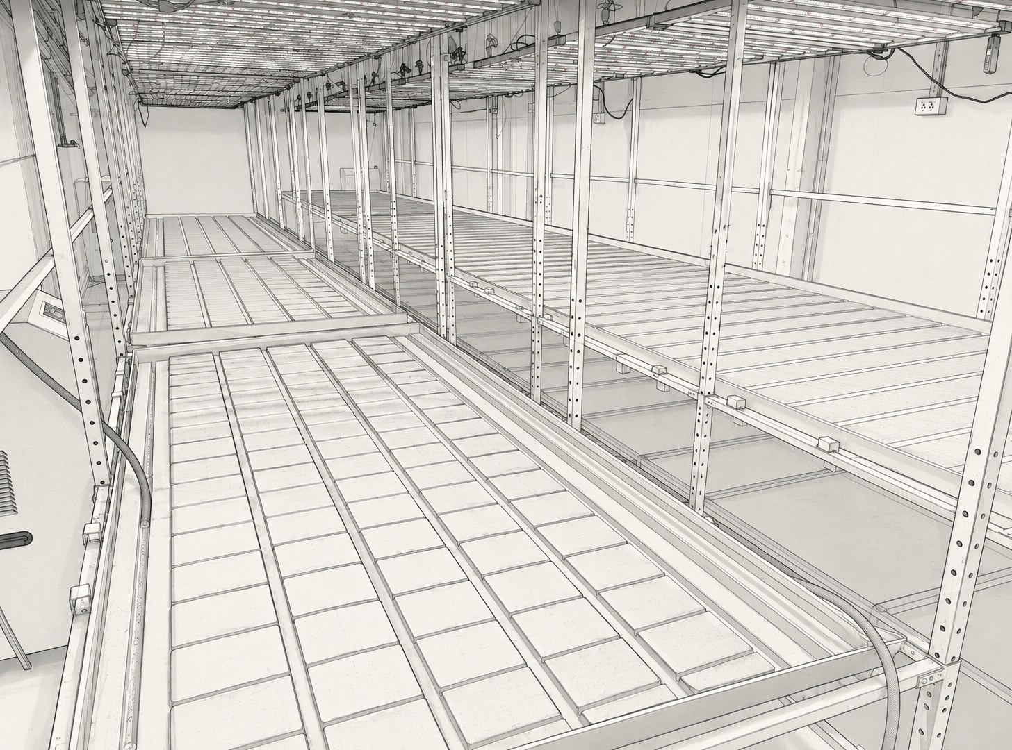 Line-drawing sketch of the same modular grow room, showing the racking and lighting layout before build-out